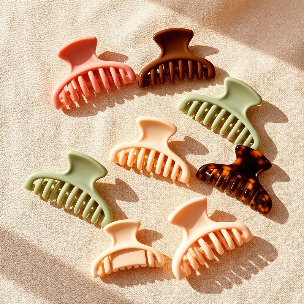 ComfiKlip flexible hair claw clips arranged on linen